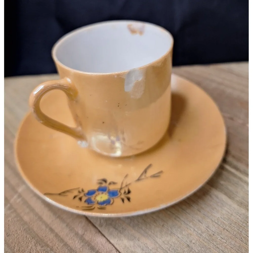 Vintage Lusterware Demitasse Tea Cups Saucers Set 2 Japan Bird Floral Iridescent